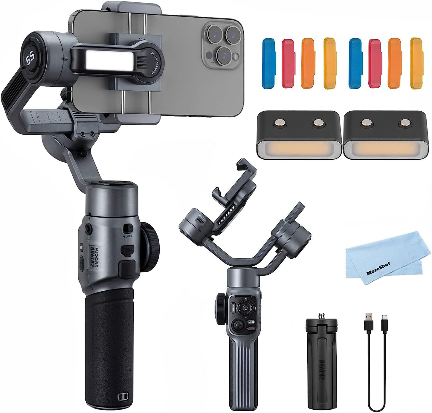 Zhiyun Smooth 5S Gray Gimbal Stabilizer for Smartphone Iphone 14 13 12 11 SE SR X 8 Pro Max plus Samsung Android for Youtube Tiktok Vlogging Zhiyun Smooth 5 Phone Gimbal Upgraded+2Pcs Mini LED Light  Zhiyun   
