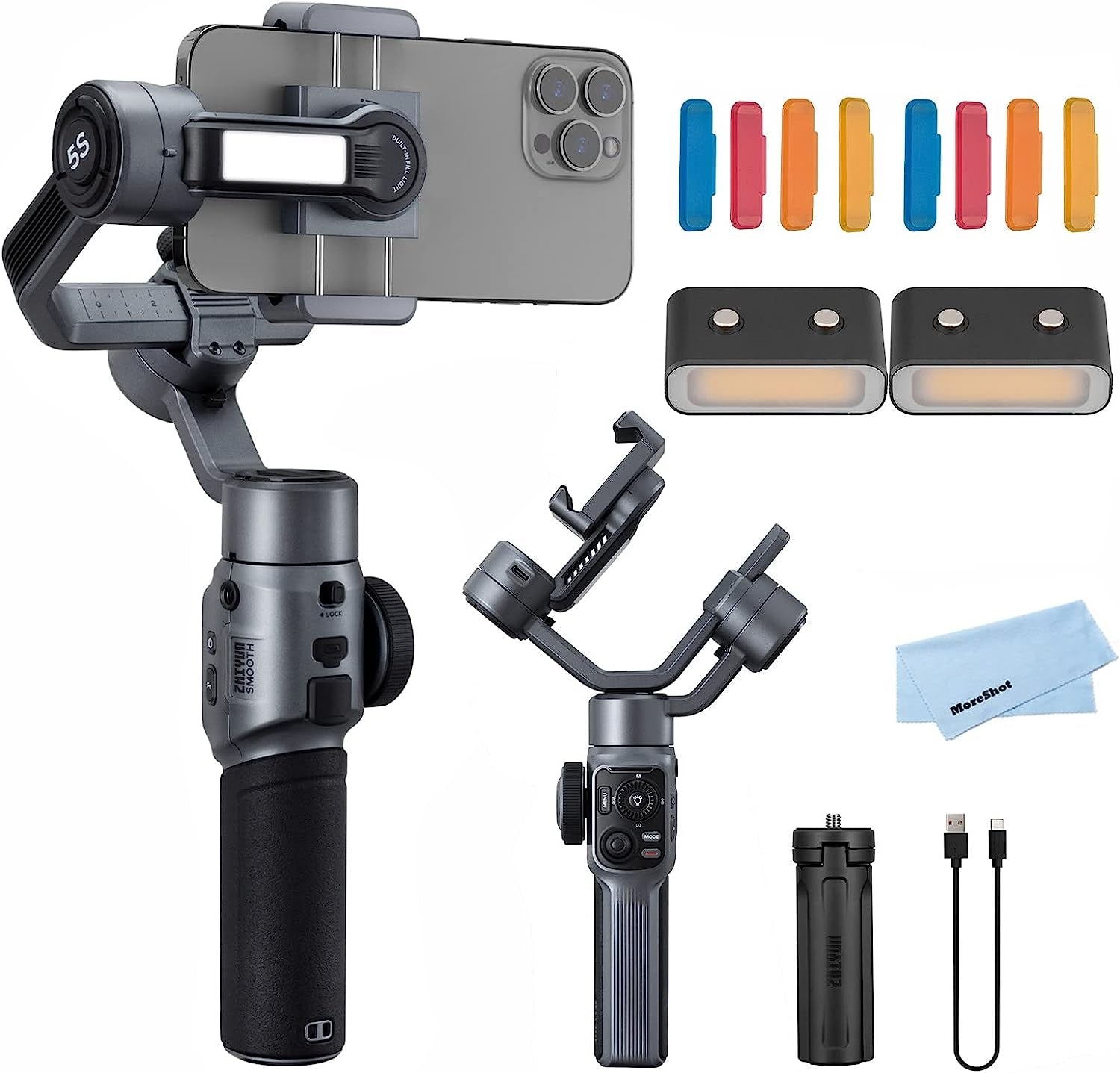 Zhiyun Smooth 5S Gray Gimbal Stabilizer for Smartphone Iphone 14 13 12 11 SE SR X 8 Pro Max plus Samsung Android for Youtube Tiktok Vlogging Zhiyun Smooth 5 Phone Gimbal Upgraded+2Pcs Mini LED Light  Zhiyun   