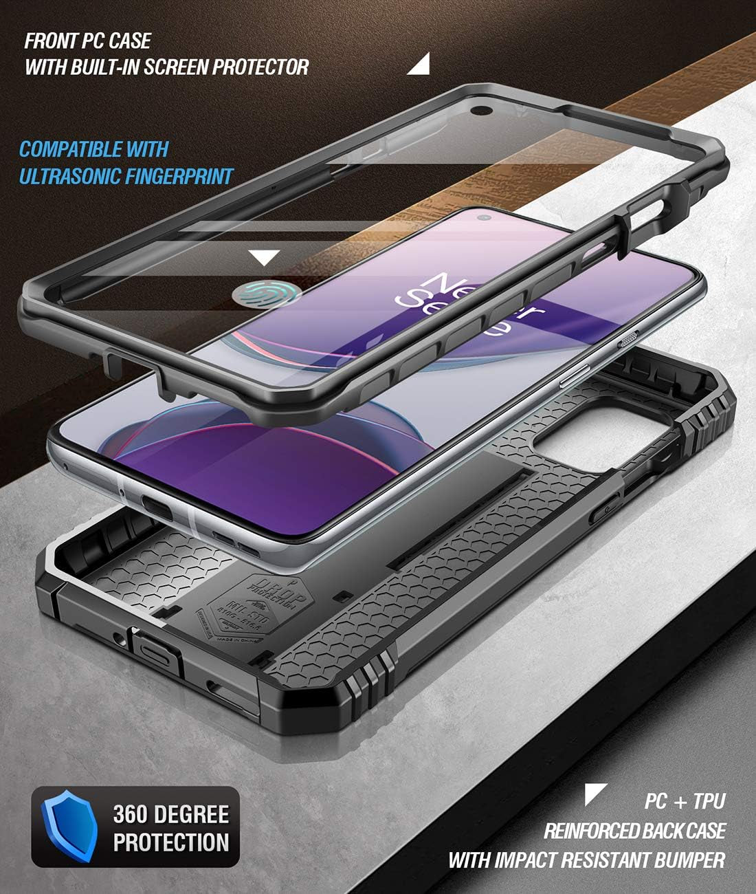 Poetic Revolution Series Designed for Oneplus 8T Case, Full-Body Rugged Dual-Layer Shockproof Protective Cover with Kickstand and Built-In-Screen Protector, Black  Poetic   