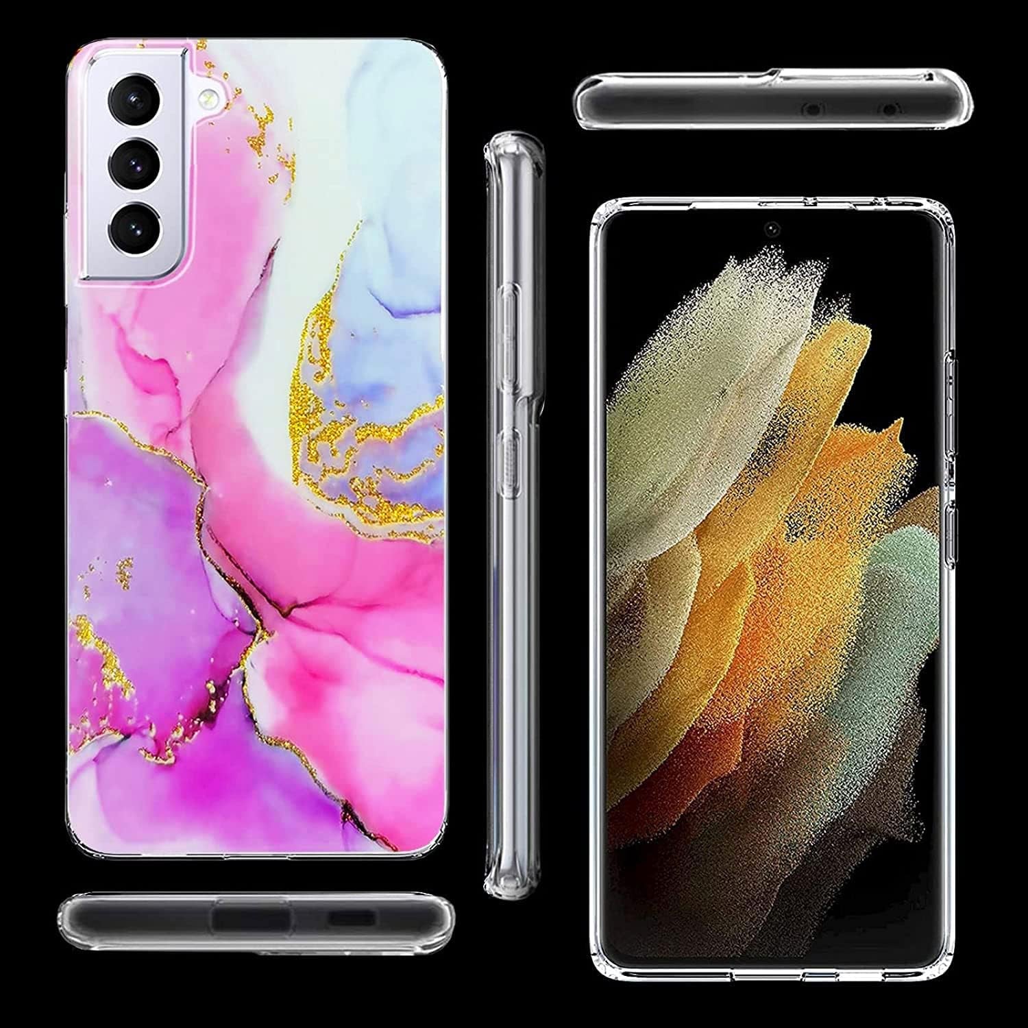 J.West Designed for Samsung Galaxy S21 Case Shiny Glitter Pink Marble Slim Fit Flexible Soft Silicone Rubber TPU Bumper Cover Skin Shockproof Protective Phone Case for Galaxy S21 5G Case  J.west   