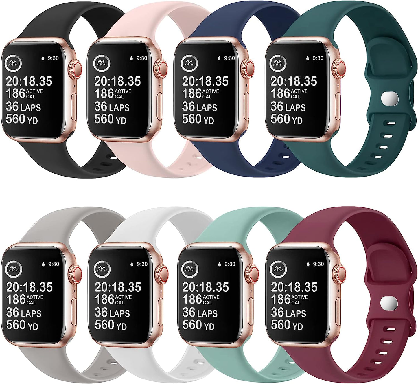 8 Pack Watch Bands Compatible with Apple Watch Band 38Mm 40Mm 41Mm 42Mm 44Mm 45Mm 49Mm for Women Men, Soft Silicone Waterproof Sport Strap Replacement Wristbands for Iwatch Series 8 7 6 5 4 3 2 1 SE  OriBear 8 Pack C (Black/Pink/Midnight Blue/Blackish Green/Dark Gray/White/Cactus/Wine Red) 38mm/40mm/41mm M/L 