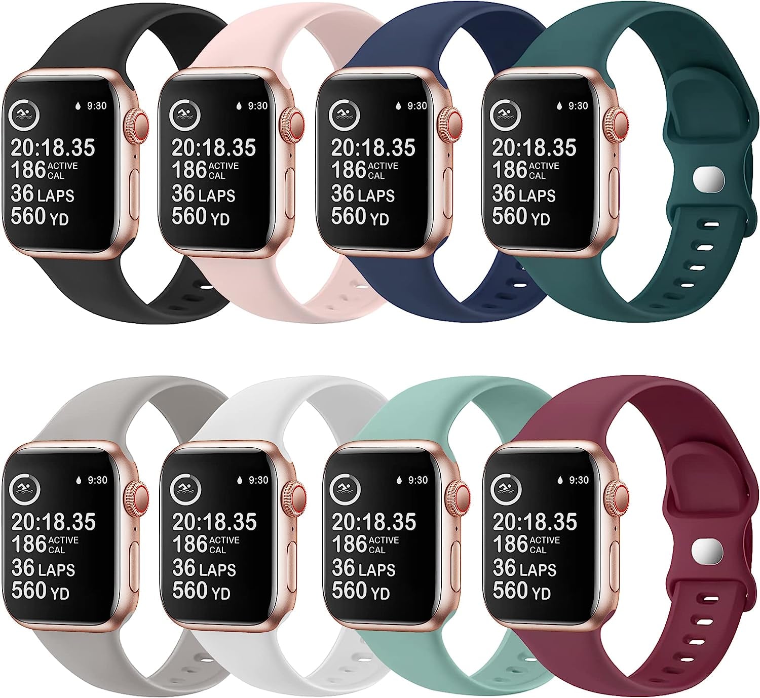 8 Pack Watch Bands Compatible with Apple Watch Band 38Mm 40Mm 41Mm 42Mm 44Mm 45Mm 49Mm for Women Men, Soft Silicone Waterproof Sport Strap Replacement Wristbands for Iwatch Series 8 7 6 5 4 3 2 1 SE  OriBear 8 Pack C (Black/Pink/Midnight Blue/Blackish Green/Dark Gray/White/Cactus/Wine Red) 38mm/40mm/41mm M/L 