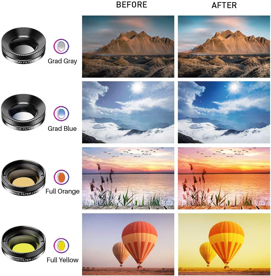 11 in 1 Universal Clip on Cell Phone Camera Lens Kit. 205°Fisheye 140° Super Wide Angle 15X Macro Star CPL ND32 Kaleidoscope 4 Color Lens for Iphone Samsung Huawei and Most of Smartphone  Phorsen   