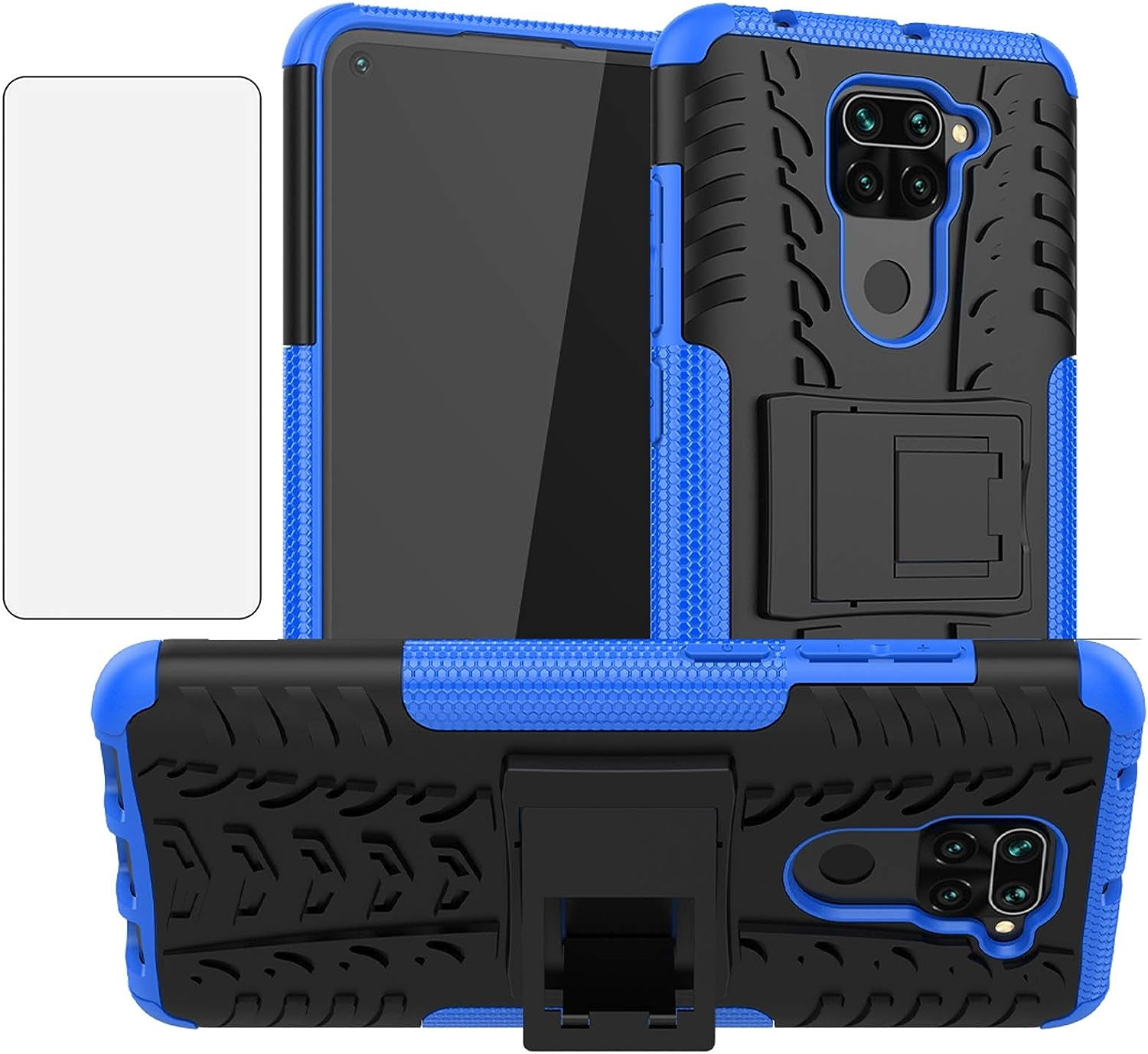 Phone Case for Xiaomi Redmi Note 9 with Tempered Glass Screen Protector Cover and Stand Kickstand Hard Rugged Hybrid Protective Cell Accessories Xiami Xiomis Xiome Redme Note9 4G Cases Men Black Blue  Asuwish   