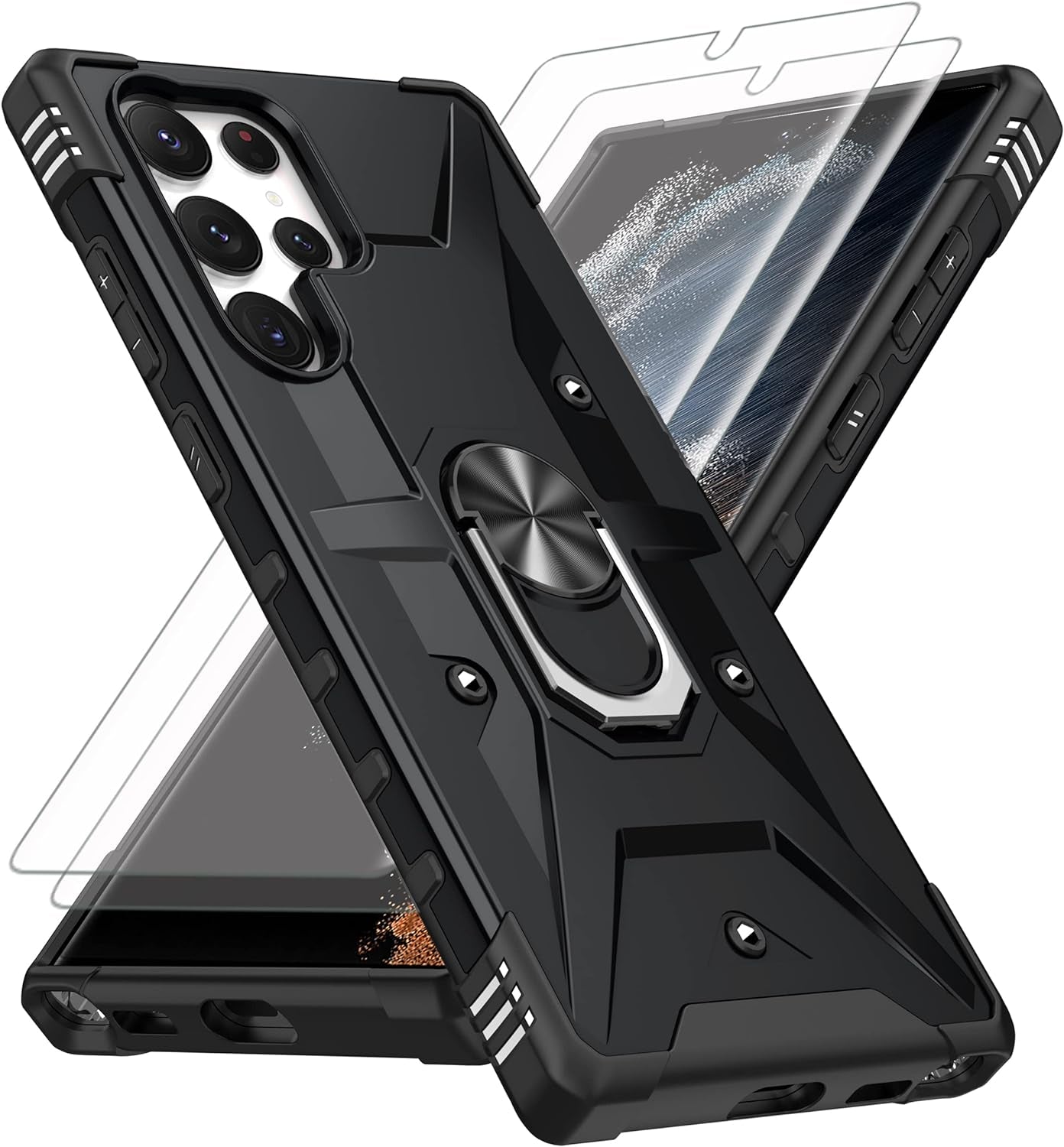 AKINIK for Samsung Galaxy S22 Ultra Case, S22 Ultra Case with Self Healing Flexible TPU Screen Protector [2 Pack], Military Grade with Kickstand Case for Galaxy S22 Ultra 5G-Red  AKINIK Wj- Black  