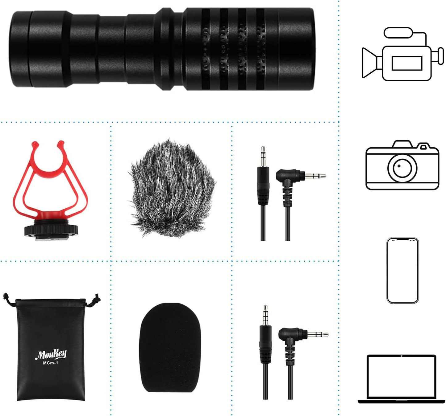 Moukey MCM-1 Video Microphone, Camera Microphone with Shock Mount, Windshield, Professional Vlogging Kit for Iphone, Android Smartphone, DSLR Camera & Camcorder, Battery-Free Shotgun Mic  Moukey   