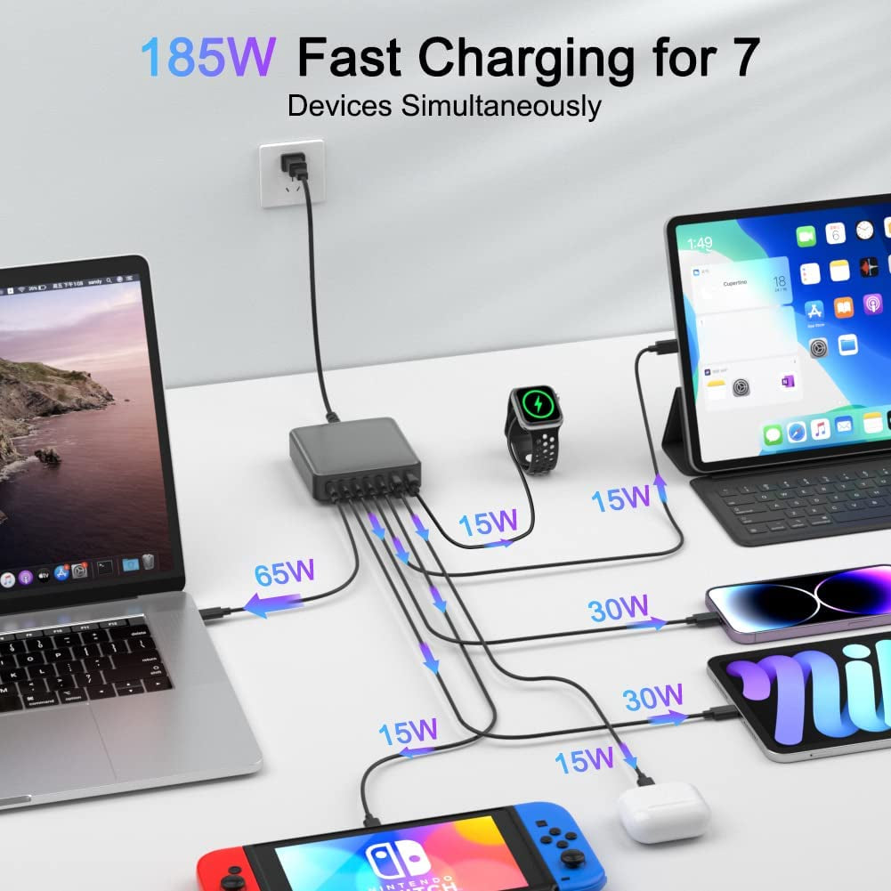 USB C Charger, 185W 7 Port USB C Charging Station USB C Charger Block USB C Wall Fast Charger Laptop Power Adapter for Macbook Pro/Air,Ipad Pro,Iphone 14/13/Mini/Pro/13Pro Max/12 Samsung Galaxy Note  Shenzhen Hoeng Electronics Co., Ltd   