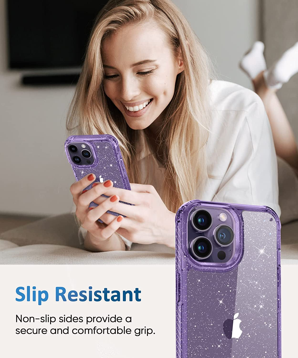 MIODIK for Iphone 14 Pro Max Case Clear Glitter, with Screen Protector + Camera Protector, [Military-Grade Protective] [Non-Yellowing] Slim Shockproof Women Cute Bumper Cover 6.7" 2022 (Light Purple)  MIODIK   