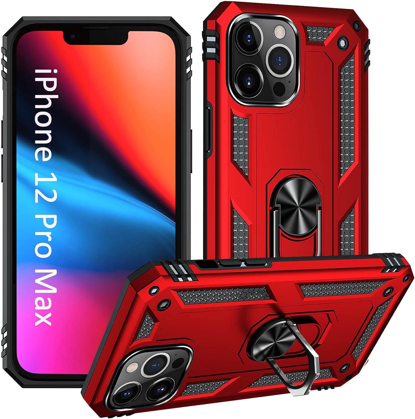 ADDIT Military Grade Iphone 12 Pro Max Case - 6.7" Slim Fit, Heavy Duty Protection, Rotatable Magnetic Kickstand, TPU & Polycarbonate, Black  ADDIT Red Iphone 12 Pro Max [6.7"] 