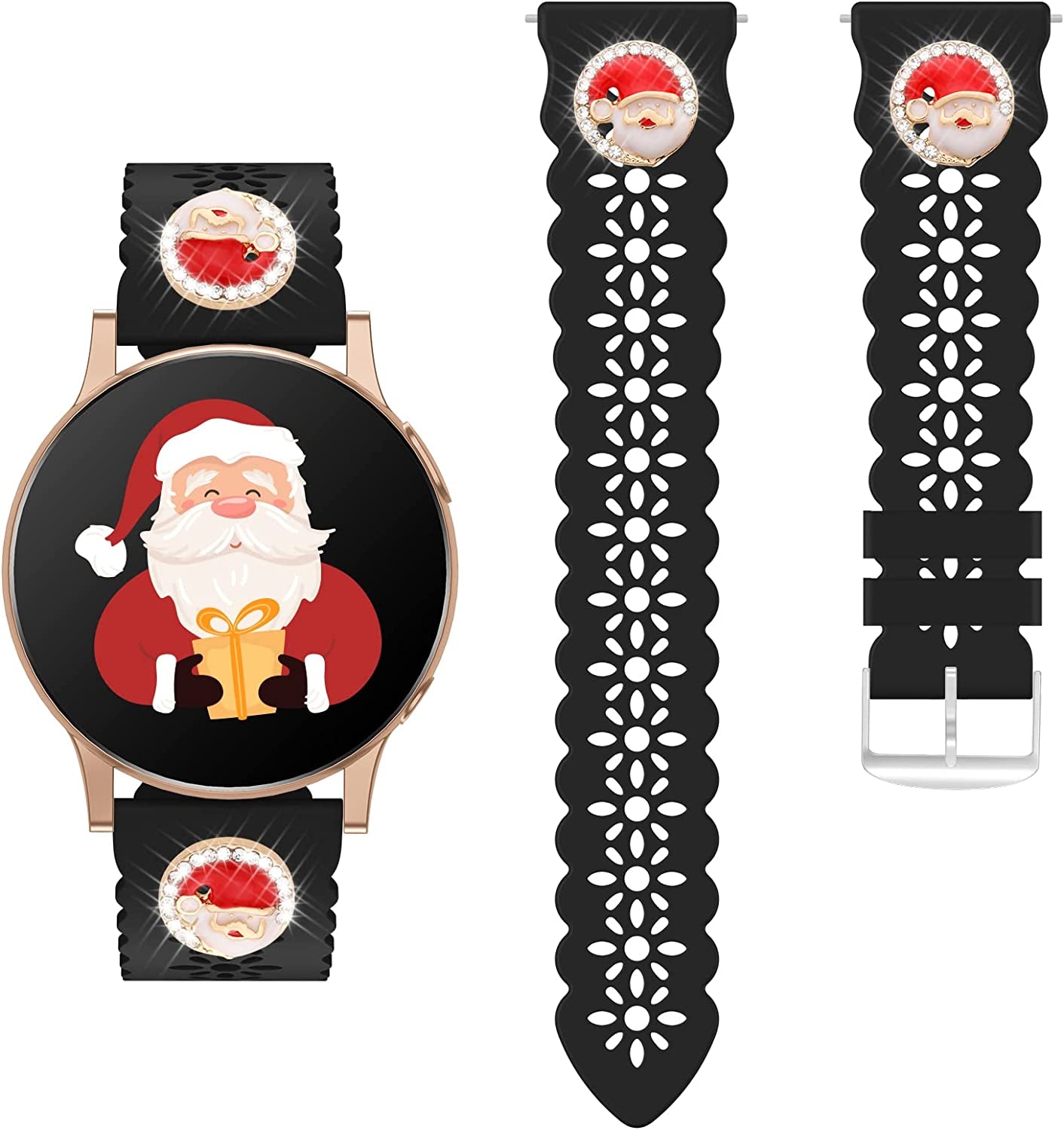 Lace Silicone Band 20Mm Compatible for Samsung Galaxy Watch 4 40Mm 44Mm/Watch 3 41Mm/Active 2 Watch Bands 40Mm 44Mm/Watch 4 Classic 42Mm 46Mm, Slim Bands Soft Smartwatch Strap for Women(Black)  Seizehe Black with Christmas charms  