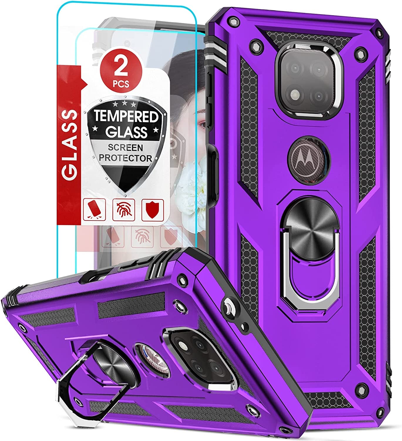 Leyi for Moto G Power 2021 Case with [2 Pack] Tempered Glass Screen Protector (Not Fit 2020/2022), [Military-Grade] Shockproof Phone Case with Kickstand for Motorola Moto G Power 2021, Black  LeYi Purple  