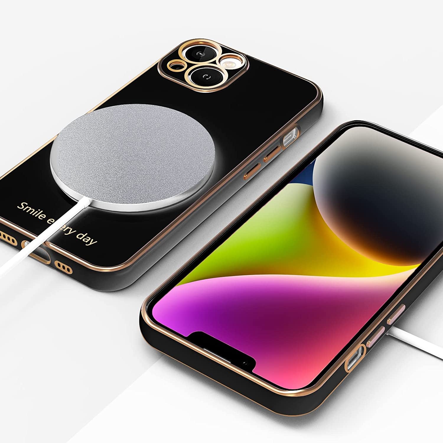 Tksafy for Iphone 14 Case, Cute Love Heart Pattern for Women Girls with Full Camera Protection, Anti-Scratch Plating Soft TPU Shockproof Bumper Phone Cover for Apple Iphone 14 6.1-Inch 2022, Black  Tksafy   