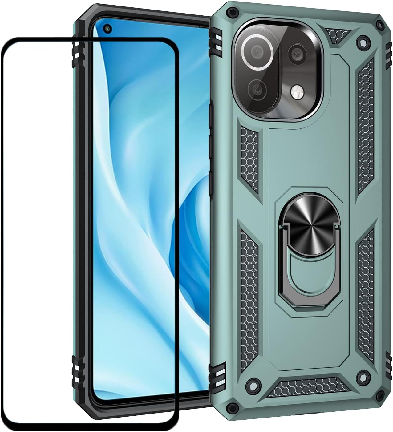 For Xiaomi Mi 11 Lite Case with Screen Protctor,Mi 11 Lite 5G Phone Case,Military-Grade Protective Dual Layer Heavy Duty with Kickstand Car Mout Magnetic Cover for Xiaomi Mi 11 Lite(Mi11 Lite, Black)  Generic Green Mi11 Lite 