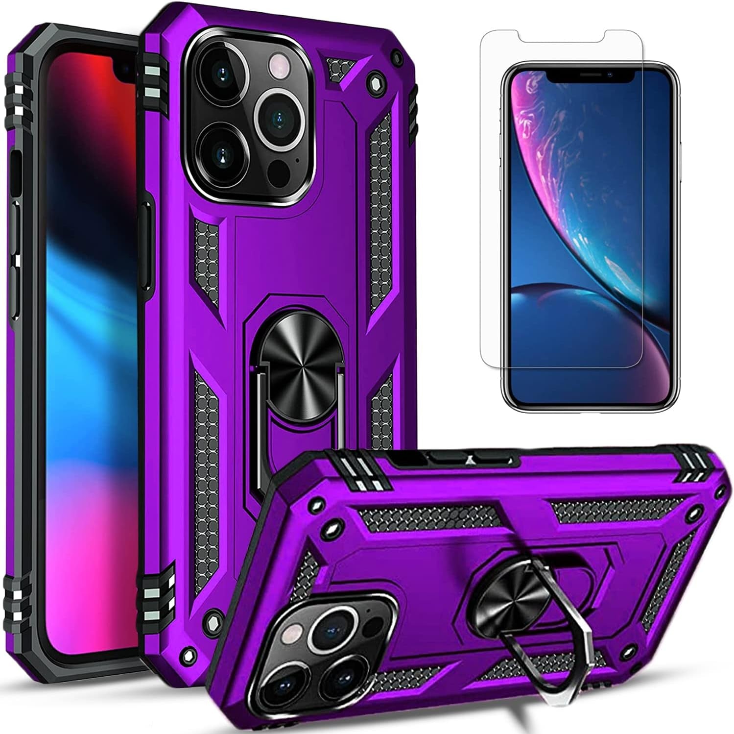 Iphone 12 Pro Max Phone Case, with [Tempered Glass Screen Protector Included] STARSHOP Military Grade Dual Layers Shockproof Drop Protective with Built-In 360° Rotate Metal Ring Kickstand - Black  STARSHOP Purple Iphone 12 Pro Max 