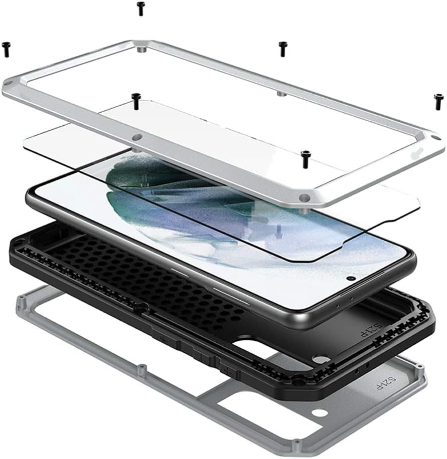 LUSTAM Samsung Galaxy S21 plus 5G Metal Case, Heavy Duty Rugged Shockproof Aluminum Case with Built in Screen Protector, 360 Full Body Protective Rubber Bumper Cover for Galaxy S21+ 6.7 Inch, Black  LUSTAM S21+ Silver  
