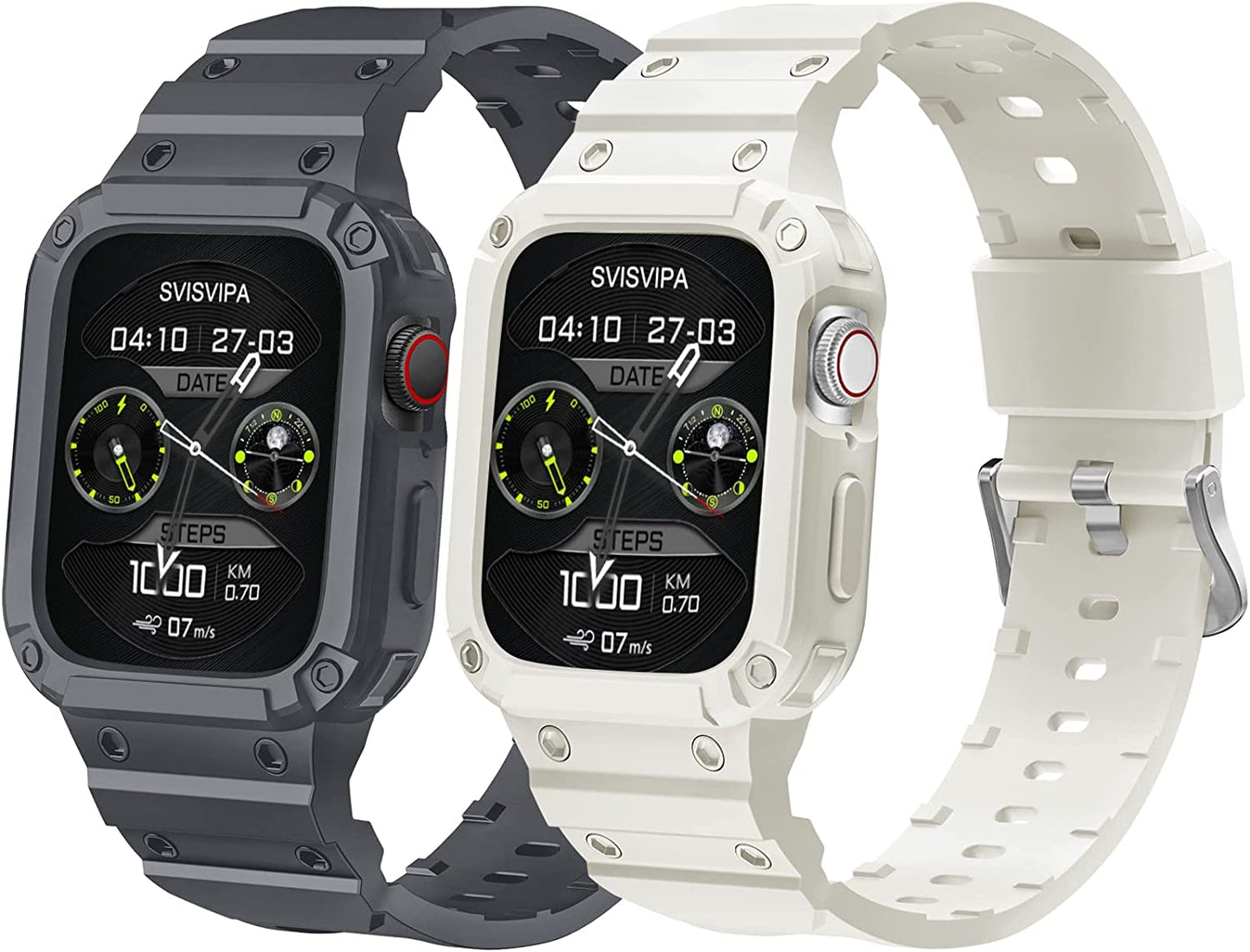 [2 Pack] SVISVIPA Band with Case Compatible for Apple Watch 45Mm 44Mm 42Mm Iwatch Series 8 7 SE 6 5 4 3 2 1 Strap, Men Women Sport Strap with Bumper Rugged Shockproof Military Protective, 2 Pack (Black，Army Green）  SVISVIPA Blue Gray/Starlight 42mm/44mm/45mm 