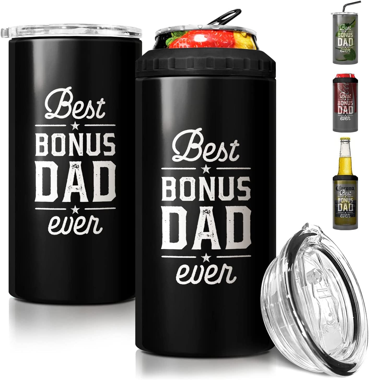 SANDJEST 4-In-1 Best Dad Ever Tumbler Gifts for Dad from Daughter Son - 12Oz Dad Can Cooler Tumblers Travel Mug Cup - Stainless Steel Insulated Cans Coozie Christmas, Birthday, Father'S Day Gift  SANDJEST Best Bonus Dad Ever - Black  