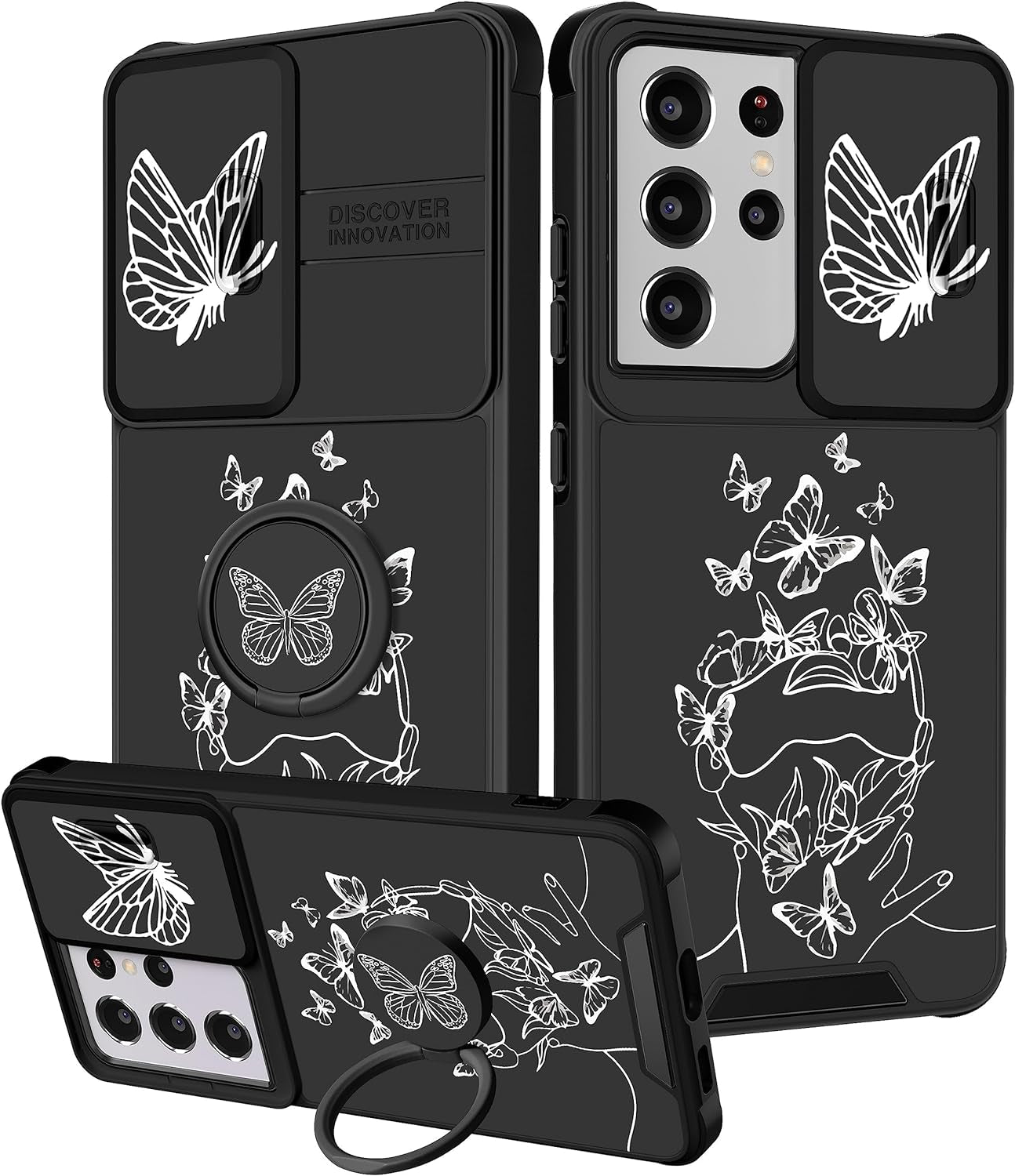 Funermei (2In1 for Samsung Galaxy S21 Ultra Case for Women Sunflower Cute Girls Phone Cover Flowers Floral Girly Sun Flower Black Design with Camera Cover+ Ring Stand for S21 Ultra Case  Funermei Black White Butt  