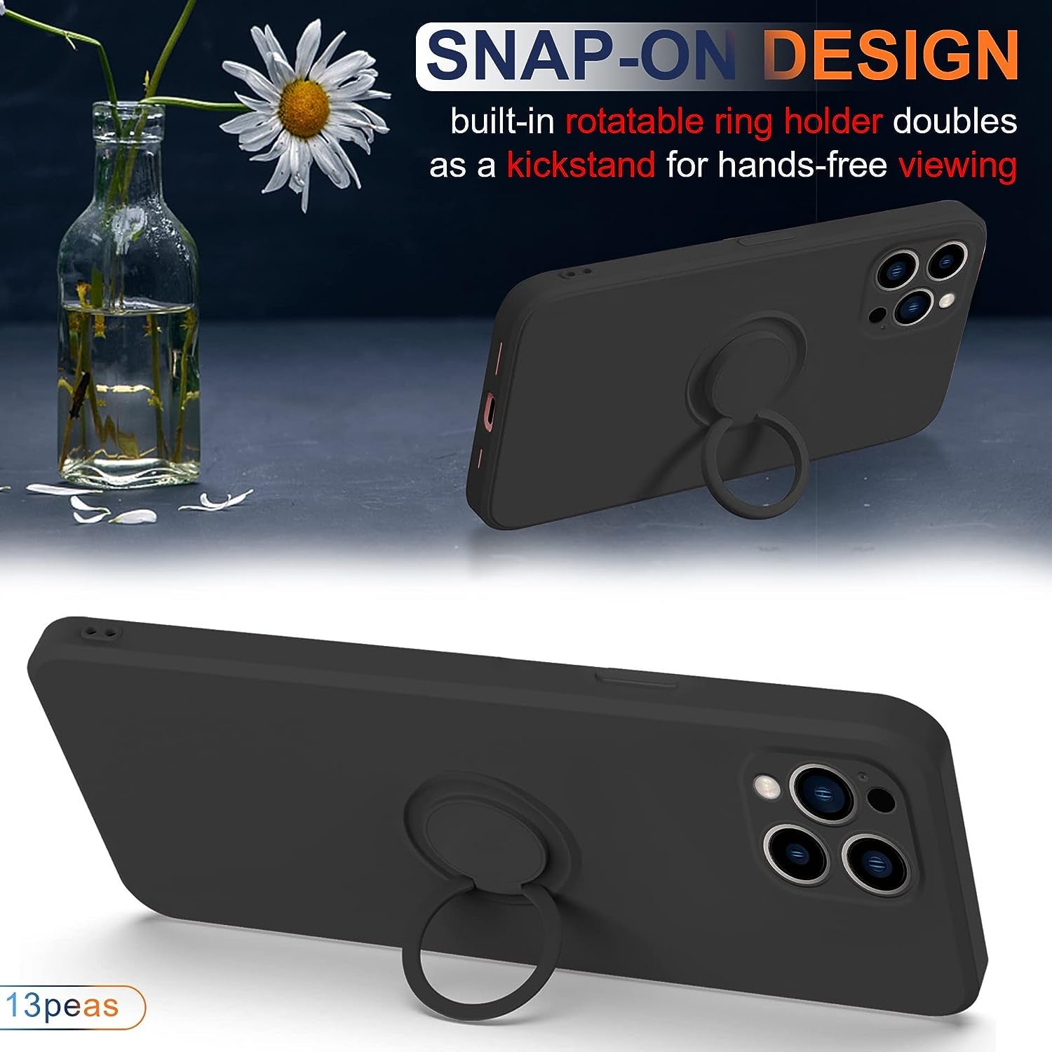 13Peas Case for Iphone 14 Pro（2022 Released）, Silicone Case with Ring 360°Rotatable Kickstand Cover Support Magnetic Car Mount，Protective Cover with Strap Lanyard (Black)  13peas   