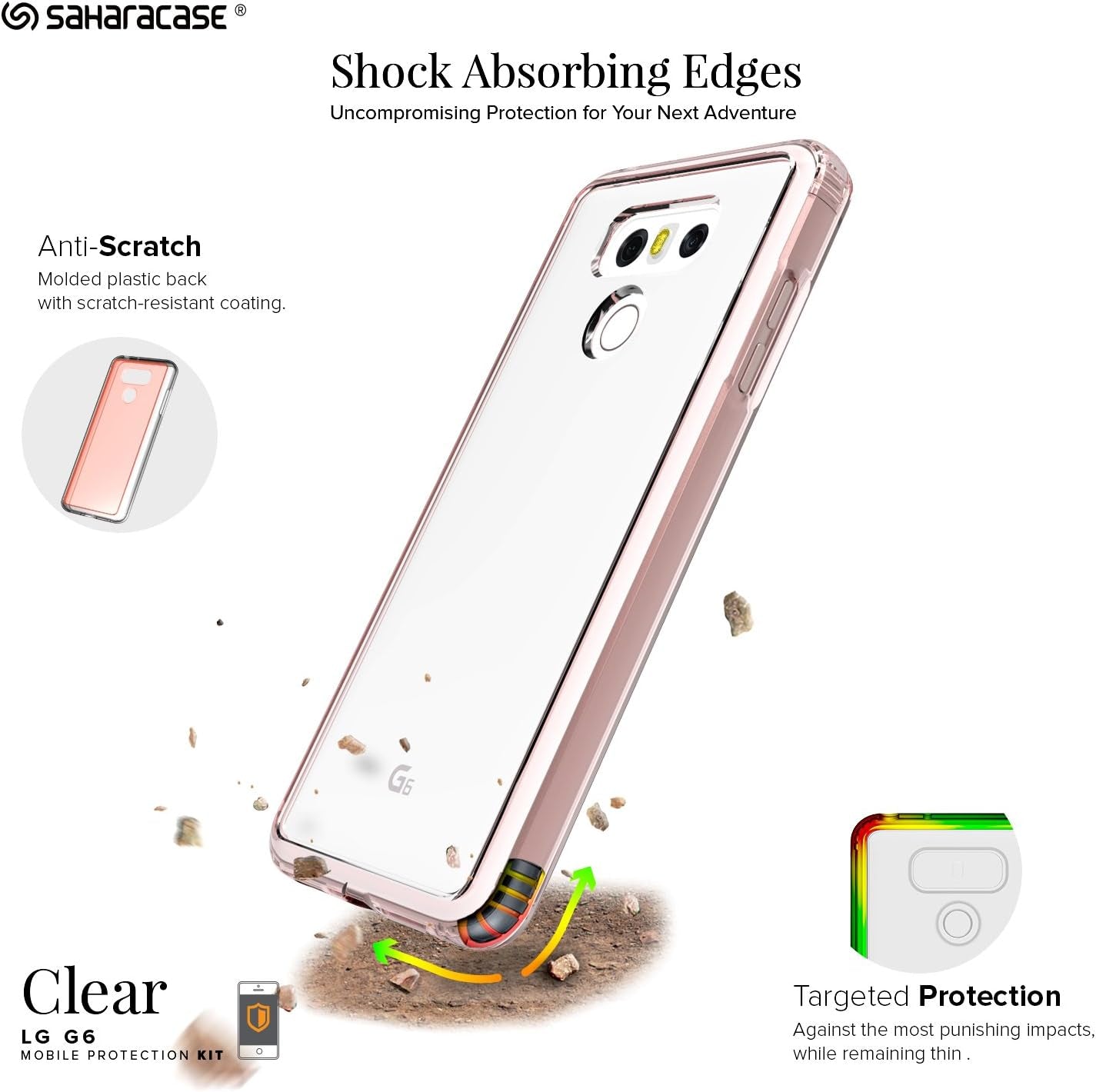 LG G6 Case, (Rose Gold Clear) Saharacase Protective Kit Bundle with [Zerodamage Tempered Glass Screen Protector] Premium Finish Slim Fit [Shockproof Bumper] Rugged Protection - Rose Gold Clear  Sahara Case   