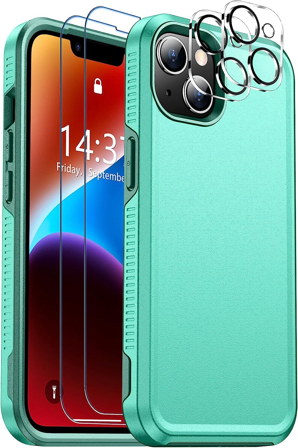 Justcool Designed for Iphone 14 plus Case, [Crystal Clear Not Yellowing] with [2 Pcs Tempered Glass Screen Protectors & 2 Pcs Camera Lens Protector] Slim Thin Protective Phone Case (Clear)  Justcool Light Green Iphone 14 Plus 