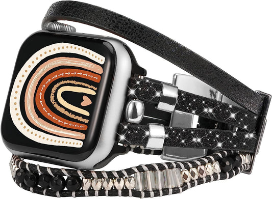 TOYOUTHS Compatible with Apple Watch Band Bracelet Multi-Strand Leather Sparkle Braided Wrap with Beaded Boho Bling Jewelry Dressy 41Mm 40Mm 38Mm Band for Iwatch Series SE 8 7 6 5 4 3 2 1  toyouths   