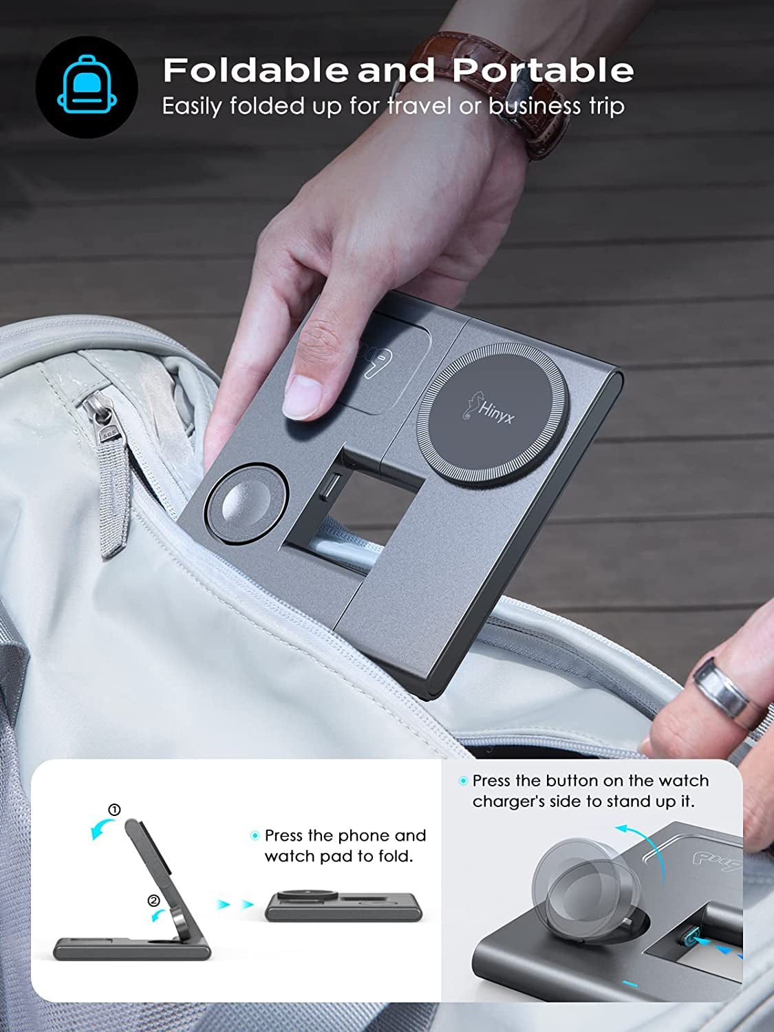 3-In-1 Fast Charging Foldable Magnetic Wireless Charger Magsafe Charger Stand for Iphone 14/13/12 Series, Iwatch 8-2, Airpods 3/2/Pro (With QC 3.0 Adapter)  Hinyx Technology (Shenzhen) Co., Ltd.   
