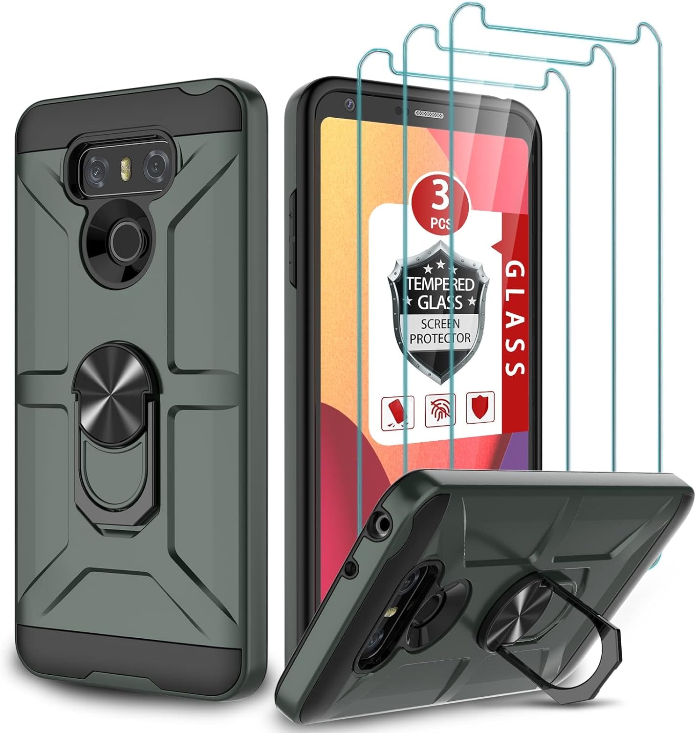 GAMEMIUZ LG G6 Case, LG G6 Case with [3X Tempered Glass Screen Protector], Built-In Ring Kickstand and Magnetic Car Mount Shockproof Dropproof Military Grade Armor Rugged Case for LG G6 - Purple  Gamemi Dark Green  