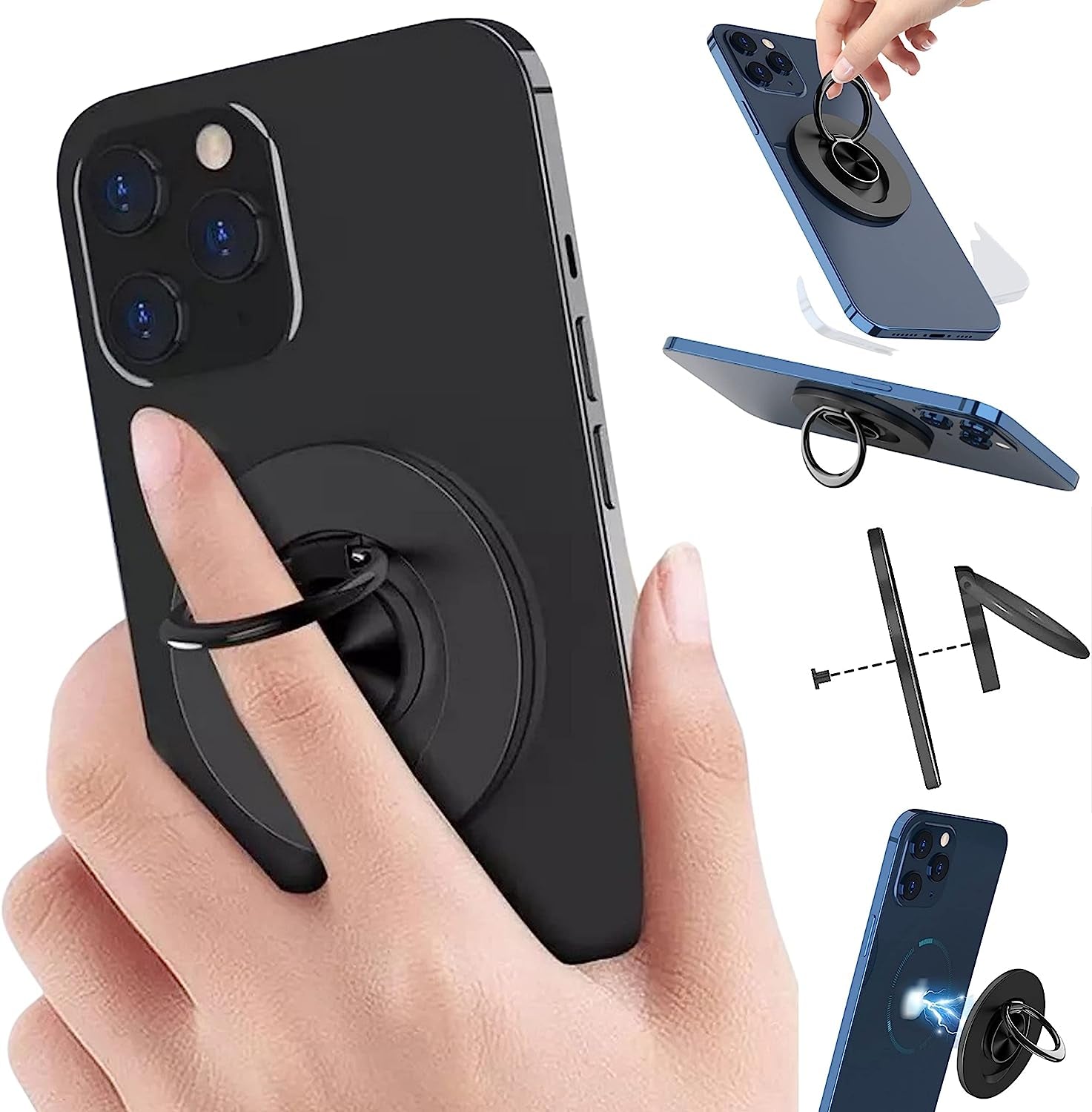 Aporia - Compatible for Magsafe Phone Ring Holder for Iphone 14 13 12 Mini Pro Max plus Finger Ring Grip Stand | Removable Detachable Metal Gripper (Black)  Aporia International   