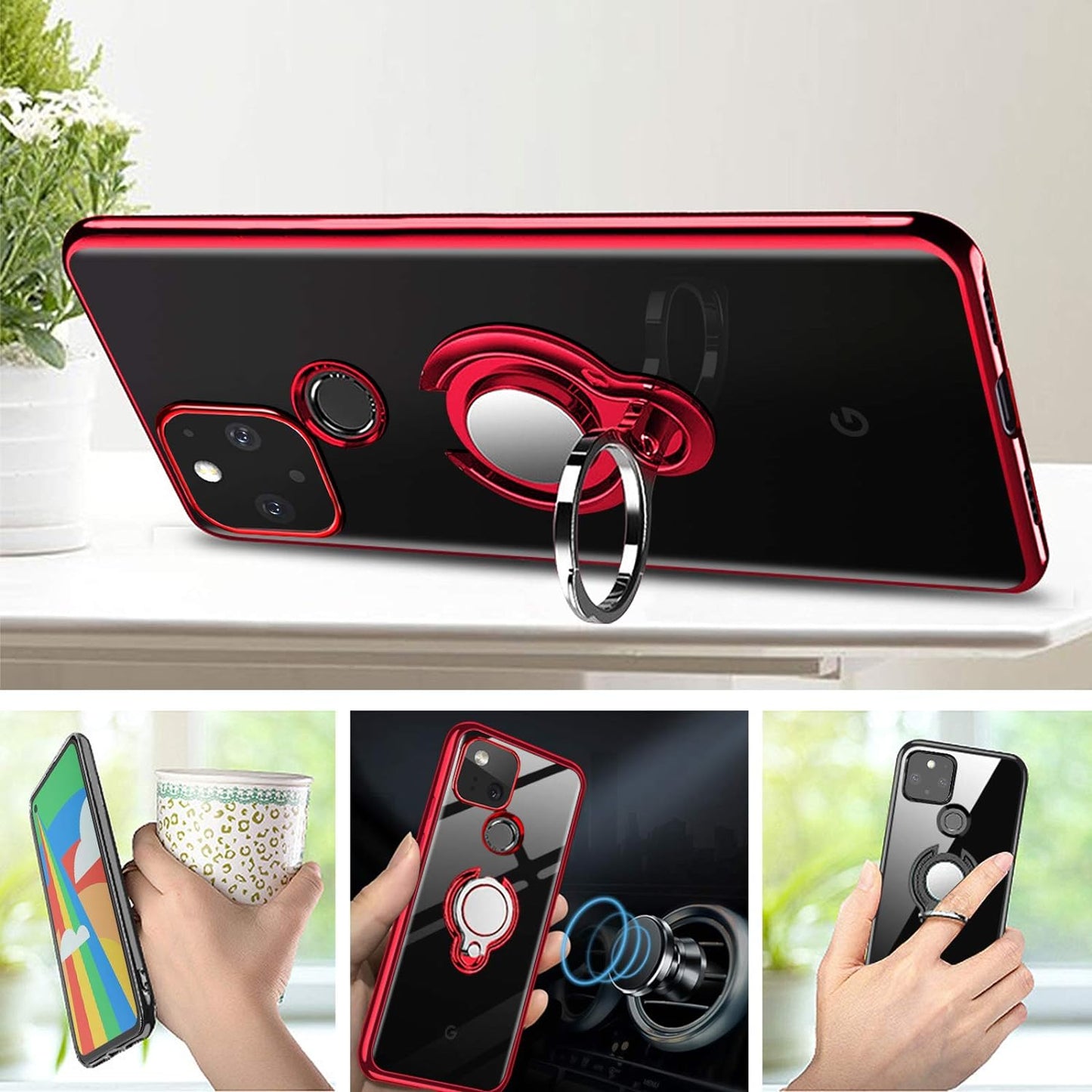 Google Pixel 4A 5G Case Crystal Clear Soft Silicone Case with 360° Rotatable Ring Holder Kickstand TPU Case Slim Fit Cover for Pixel 4A 5G (2020) 6.2" - Red  Guuboly   