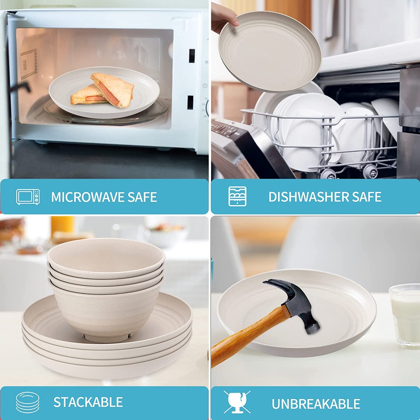 28Pcs Wheat Straw Dinnerware Sets, Plates and Bowls Sets for 4, Large Plates, Bowls, Cups for Camping, Picnic Microwave Safe  Wwyybfk   