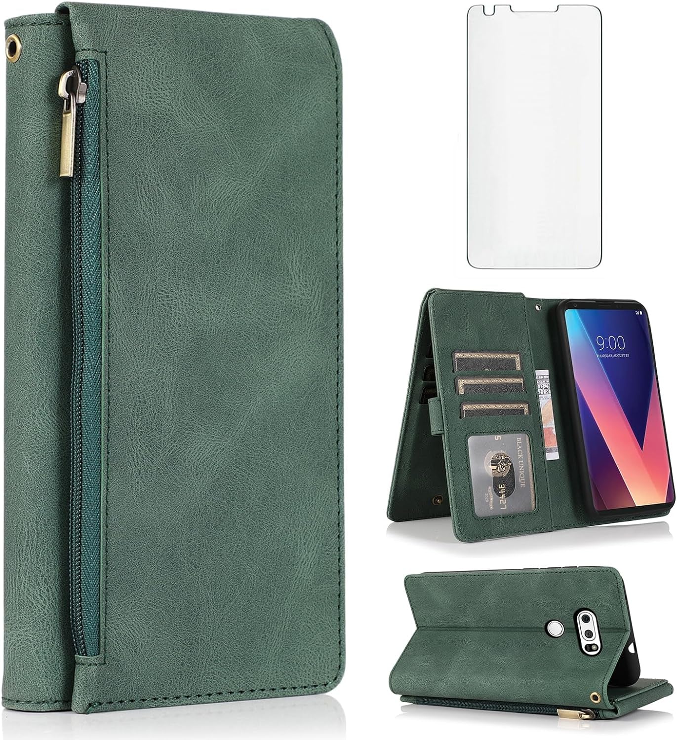 Compatible with LG V35 Thinq V30 plus Wallet Case Tempered Glass Screen Protector Zipper Leather Flip Cover Card Holder Accessories for LGV30 LGV35 LG30 LG35 V 30 35 V30+ V30S H931 Women Rose Gold  Asuwish Green  