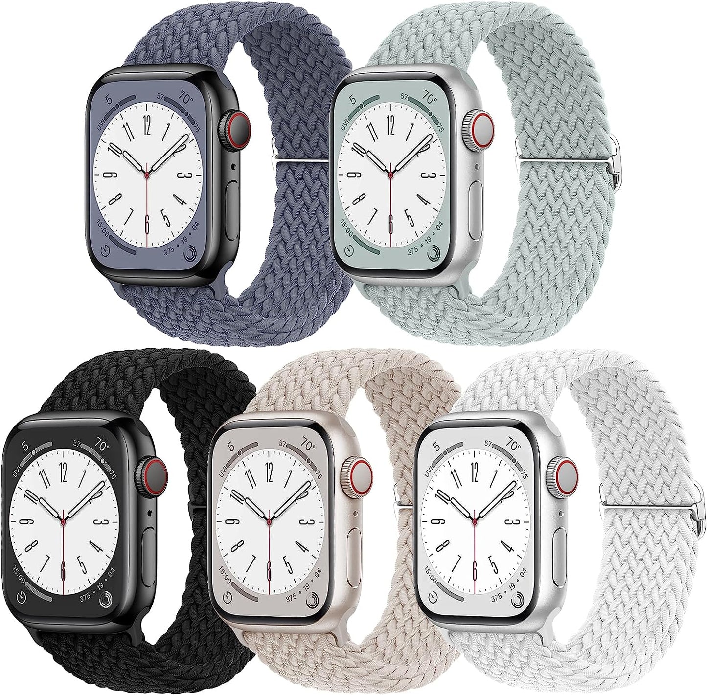 EOMTAM 5 Pack Braided Stretchy Adjustable Straps Compatible for Apple Watch Band 38Mm 40Mm 41Mm 42Mm 44Mm 45Mm 49Mm for Women Men ,Sport Elastic Nylon Cloth Wristbands for Iwatch Series Ultra 8 SE 7 6 5 4 3  EOMTAM Starlight-Silver/White/Blue Gray/Series8-Succulent/Black 42MM/44MM/45MM/49MM 