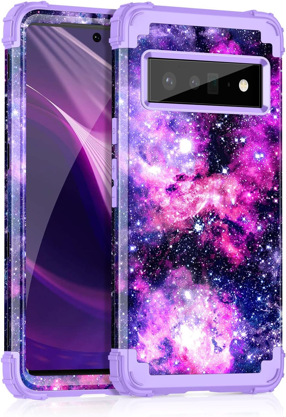 Miqala Compatible with Google Pixel 6 Pro Case,Shiny in the Dark Three Layer Heavy Duty Shockproof Hard Plastic Bumper +Soft Silicone Rubber Protective Case for Google Pixel 6 Pro,Blue Sky  Miqala B-Purple Sky  