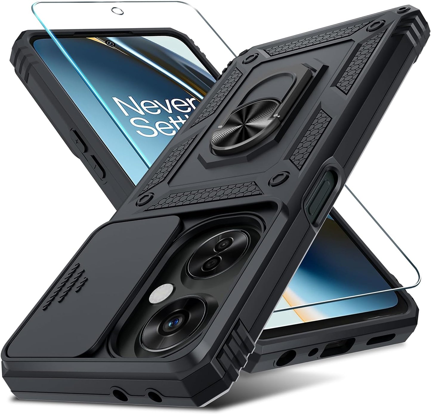 Janmitta Oneplus Nord N30 5G Case Built in Slide Camera Lens Cover+Screen Protector+Finger Ring Holder Kickstand,Heavy Duty Shockproof Full Body Protective Phone Cover,2023 Blue  Janmitta Black Oneplus Nord N30 5G(6.7 Inch) 