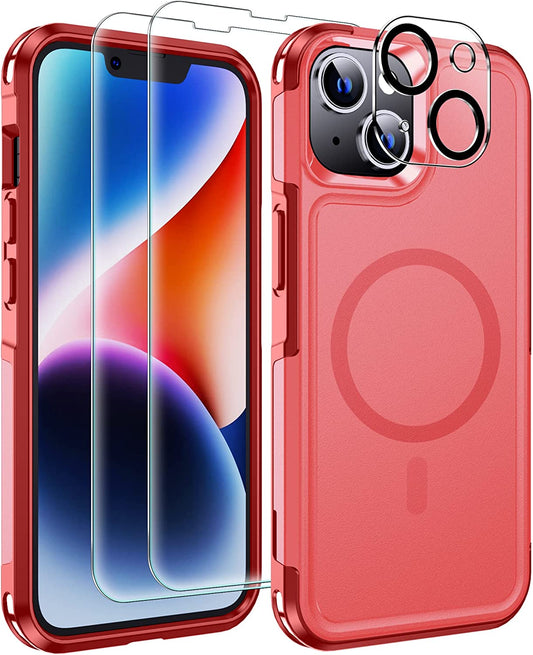 Xiwxi Magnetic for Iphone 14 Case [Compatible with Magsafe][Military Grade Drop Protection] [Glass Screen Protector+Camera Lens Protector] Non-Slip Full-Body Shockproof Phone Case,Red  xiwxi Red  