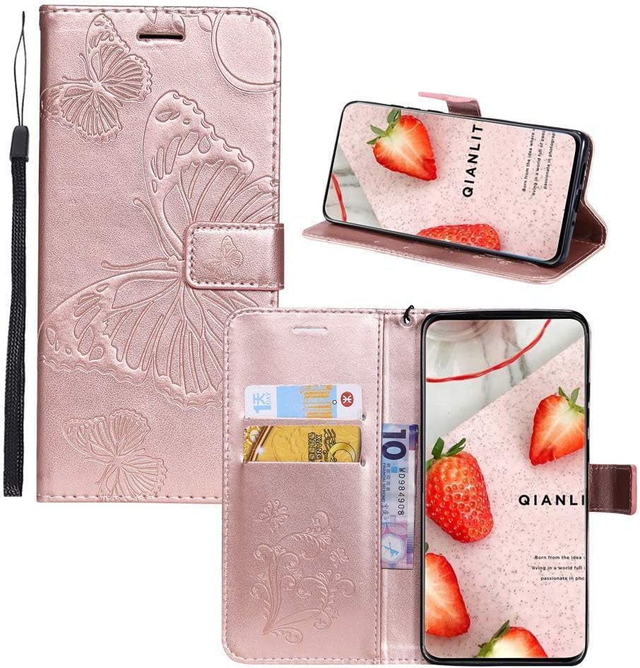 JZ Embossed 3D Butterfly Wallet Case for LG V30/V30S Thinq/V35/V35 Thinq/V30S/V30 Plus/V35 plus PU Leather Wallet Flip Phone Case Cover [Wrist Strap] - Red  JZ Rose Gold Lg V30 