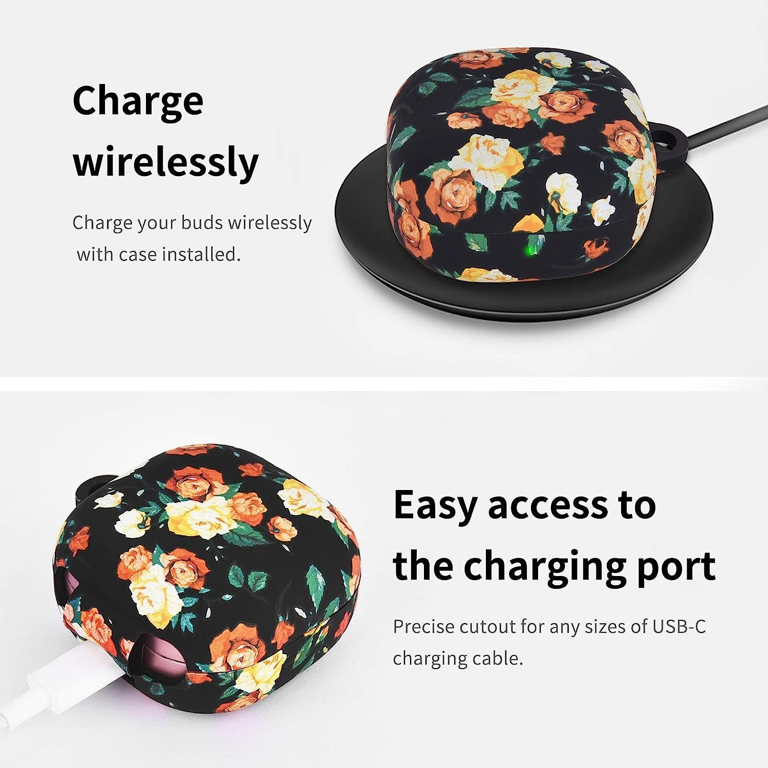 AIRSPO Floral Print Silicone Case Compatible with Samsung Galaxy Buds 2 Case (2021) / Galaxy Buds Pro Case (2021) / Galaxy Buds Live Case (2020) (Black Rose)  AIRSPO   