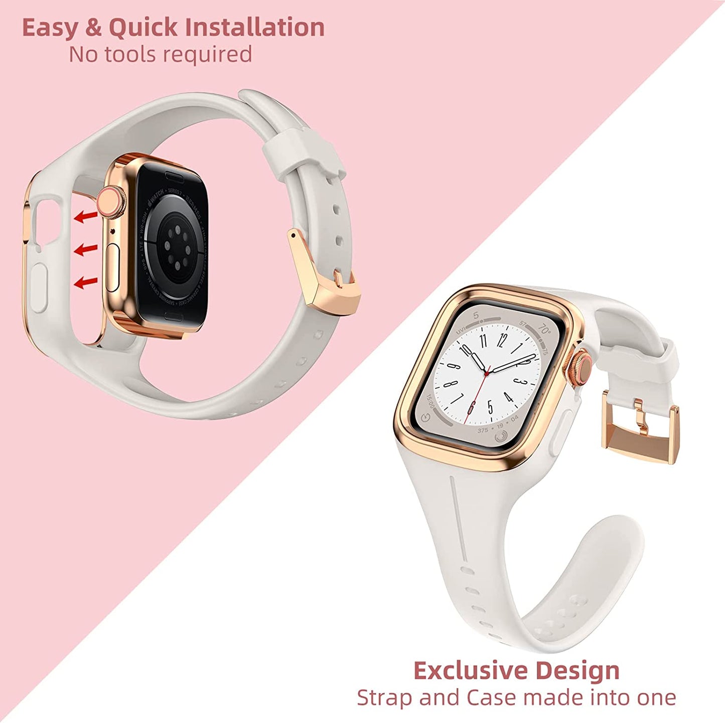 OUHENG Compatible with Apple Watch Band 41Mm 40Mm 38Mm with Bumper Case, Women Sport Strap with Rugged Metal Edge Bumper and Silicone Cover for Iwatch Series 8 7 6 SE 5 4 3 2 1, Starlight/Rose Gold  OUHENG   