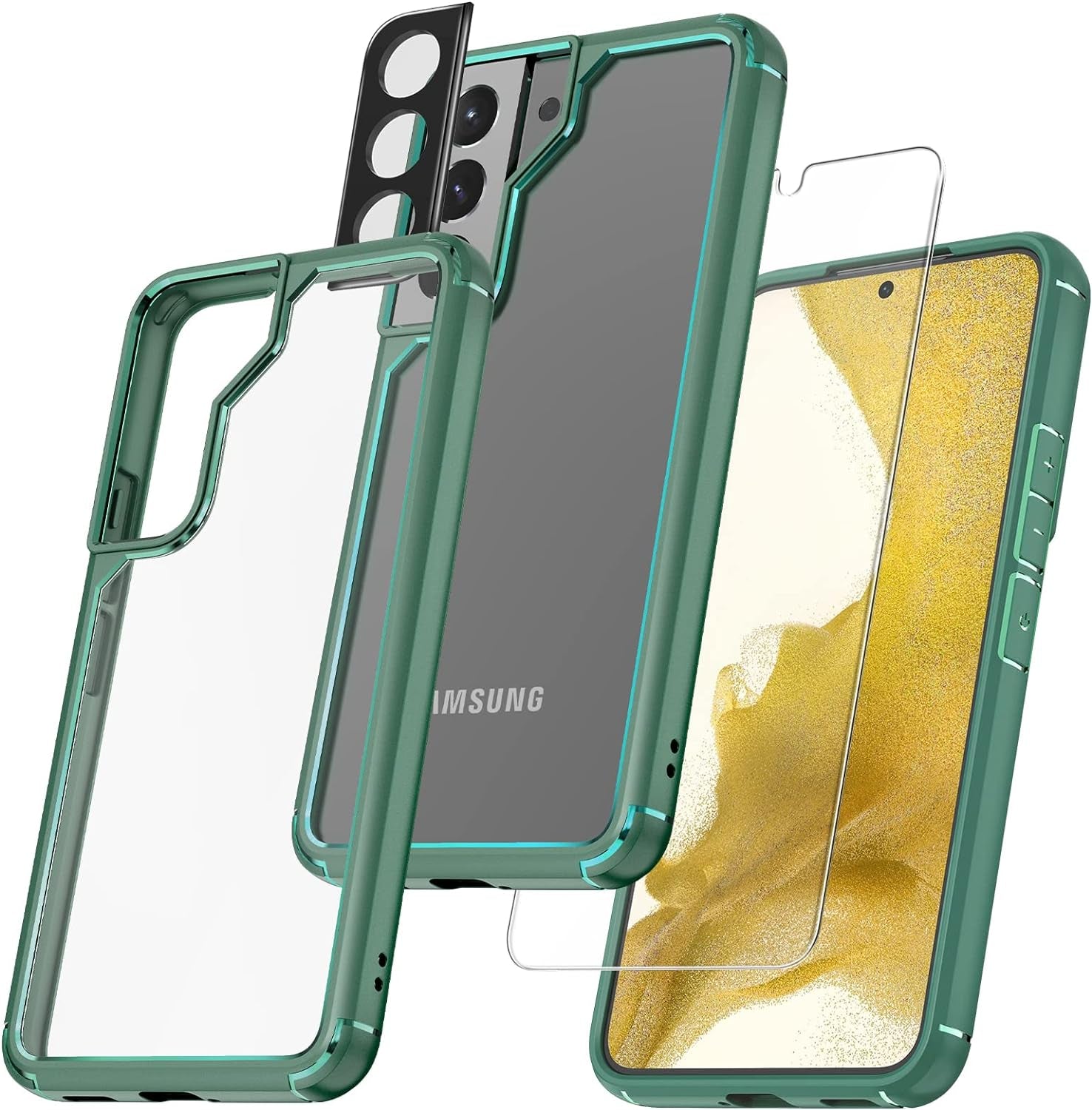 TAURI 5-In-1 Shockproof Galaxy S22 plus Case 6.6" 5G: 2-Pack Tempered Glass + 2 Camera Lens Protectors, Military Grade Slim Cover - Black  TAURI Midnight Green S22-6.1 Inch 