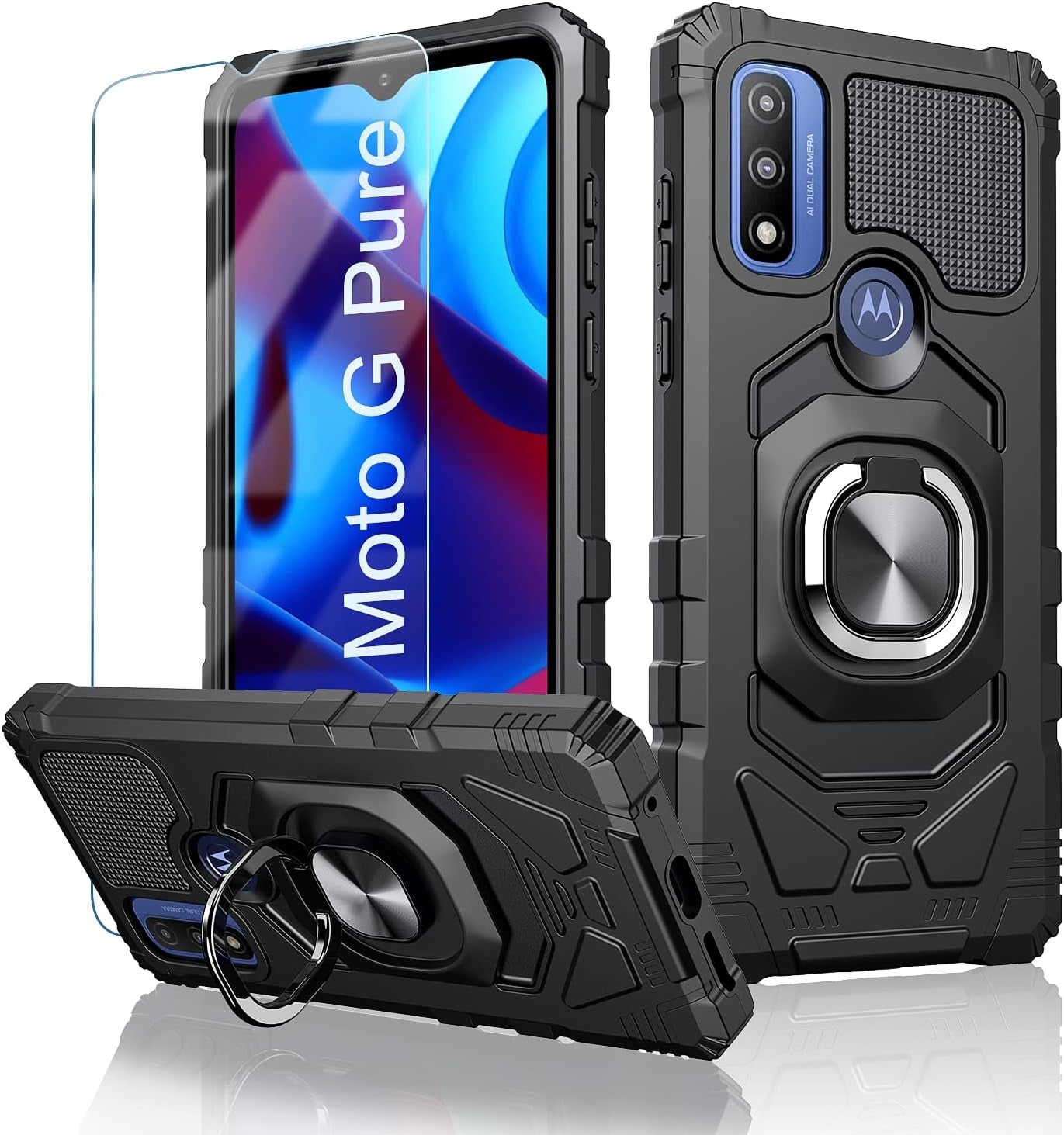 For Motorola Moto-G Pure Case: with Tempered Screen Protector & Built in 360° Adjustable Ring Kickstand Shockproof Protection TPU Bumper Armor Design Phone Cover for Moto G Pure - Black  TUNKARMOR   