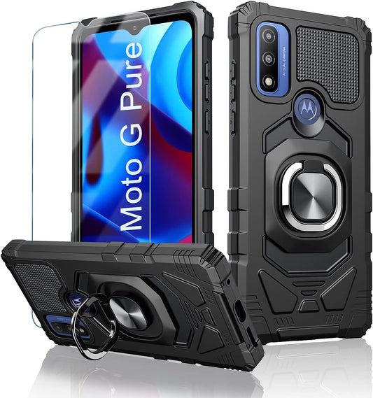 For Motorola Moto-G Pure Case: with Tempered Screen Protector & Built in 360° Adjustable Ring Kickstand Shockproof Protection TPU Bumper Armor Design Phone Cover for Moto G Pure - Black  TUNKARMOR   