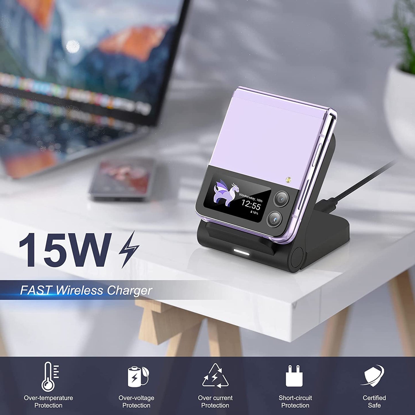 For Samsung Galaxy Z-Flip Wireless Charger: Galaxy Z Flip 4/3/5G Fast Charging Stand, 15W Fast Wireless Charger for Galaxy Z Flip4/Z Flip3/Z Flip 5G, Easy to Carry & Use (QC3.0 Adapter Included)Black  Geyo   