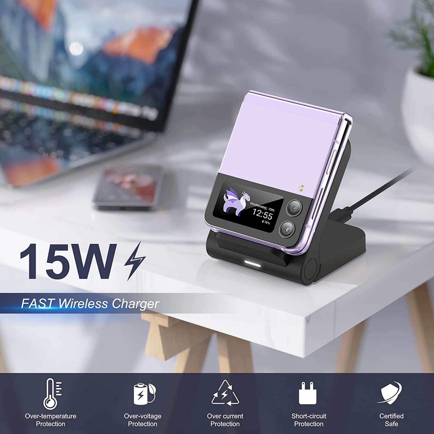 For Samsung Galaxy Z-Flip Wireless Charger: Galaxy Z Flip 4/3/5G Fast Charging Stand, 15W Fast Wireless Charger for Galaxy Z Flip4/Z Flip3/Z Flip 5G, Easy to Carry & Use (QC3.0 Adapter Included)Black  Geyo   