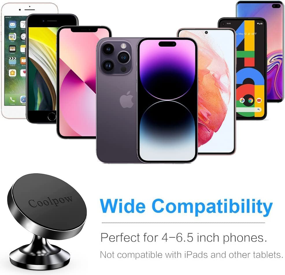【2-Pack】Magnetic Phone Holder for Car, [ Super Strong Magnet ] [ with 4 Metal Plate ] Iphone Magnetic Car Mount for Cell Phone, [ 360° Rotation ] Universal Dashboard Car Mount Fits All Smartphones  Coolpow   