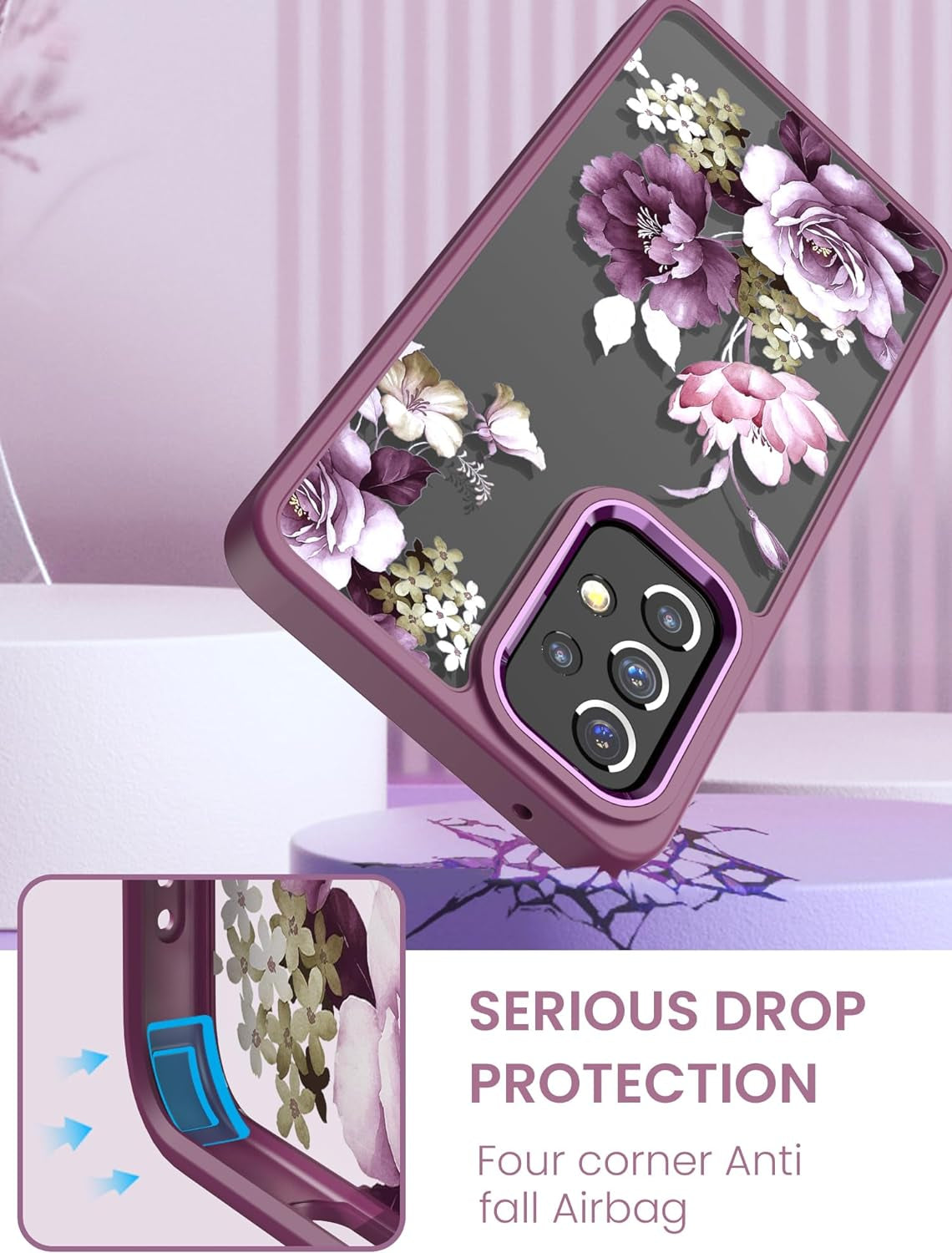 Dretal for Samsung A53 5G Case, Galaxy A53 5G Case + Tempered Glass Screen Protector,Military Grade Drop Tested Hard Back & Soft Edge Slim Flower Women Girls Protective Cover for A53 5G (Purple)  Dretal   