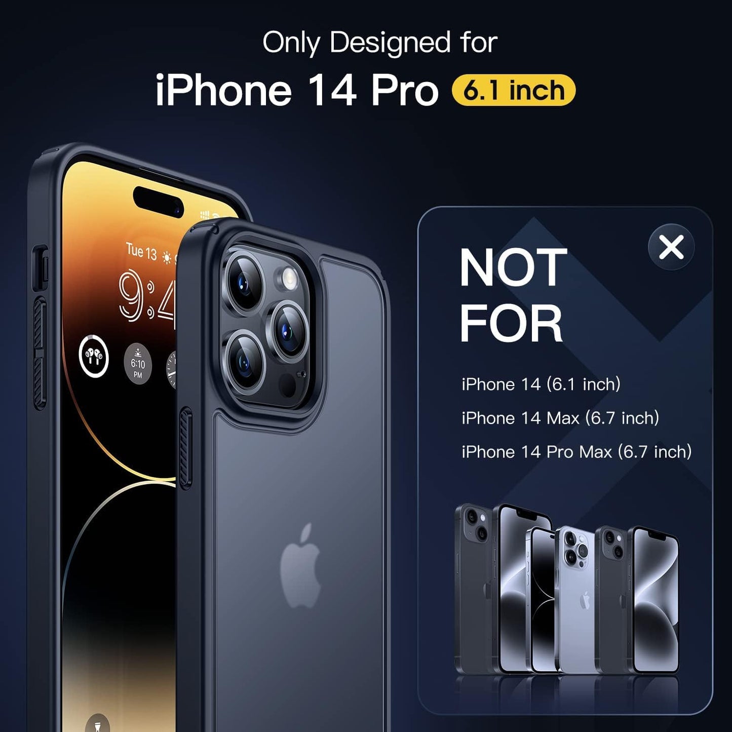 Humixx [5-In-1] Designed for Iphone 14 Pro Case, [10FT Military Shockproof] Slim&Sleek Protective Translucent Matte 2X Tempered Screen Protector + 2X 9H Lens Protector Case for Iphone 14 Pro, Black  Humixx   