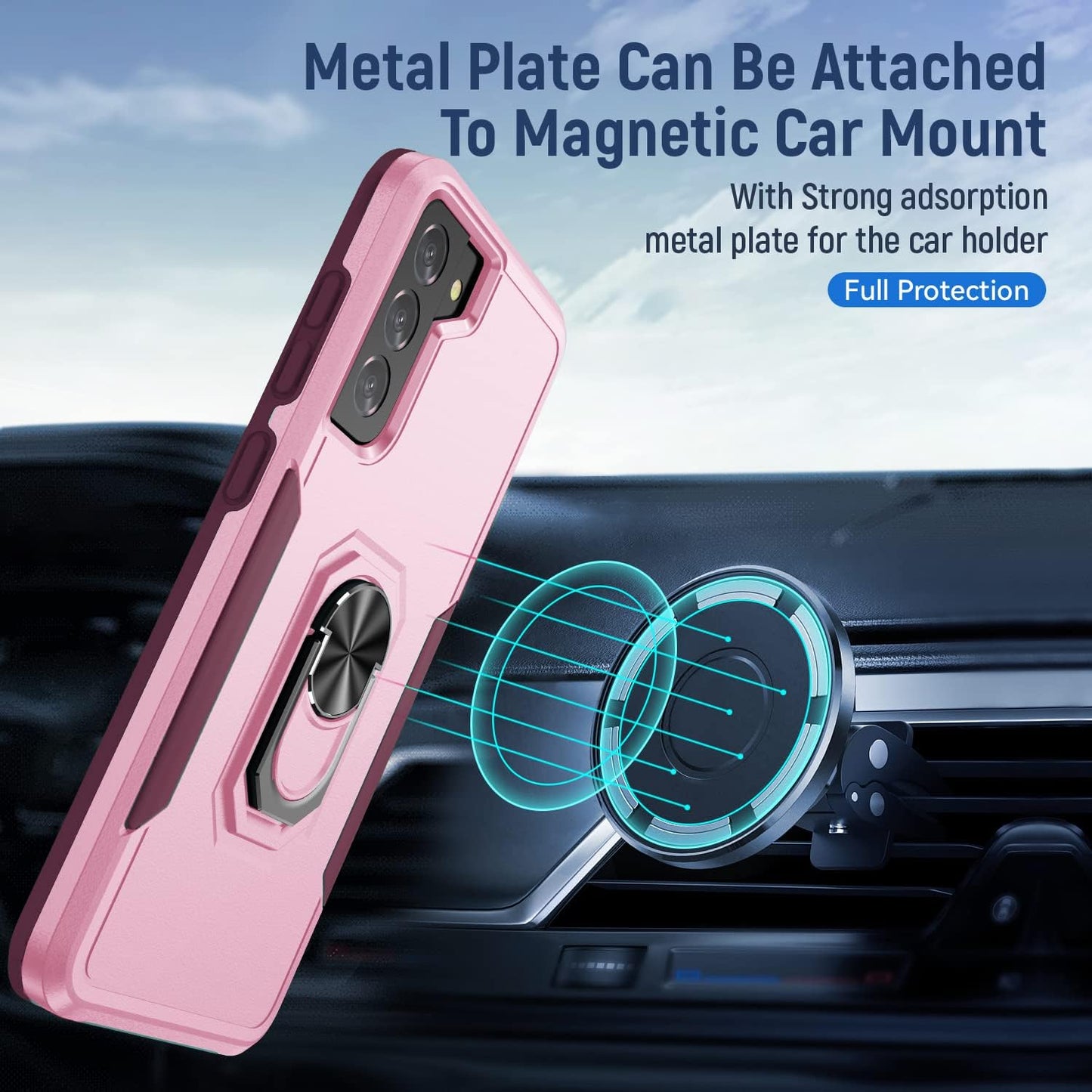 KSELF Galaxy S21 5G Case with Tempered Glass, Shockproof Military-Grade Phone Cover & Ring Kickstand, 6.2" (Pink)  KSELF   