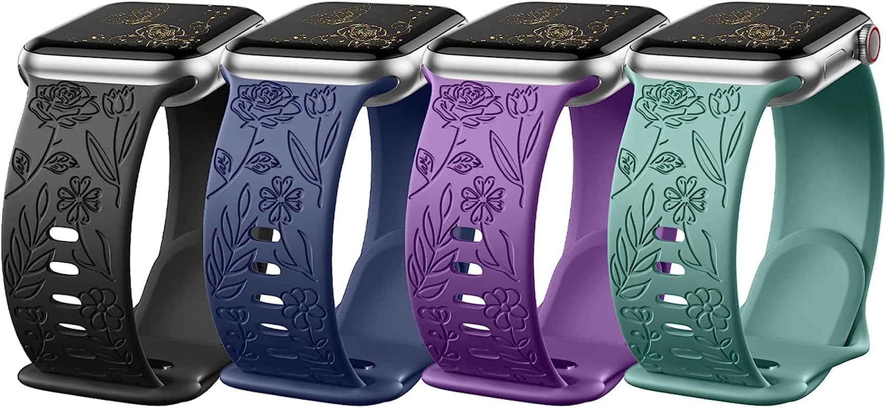 Daqin 4 Pack Band Compatible with Apple Watch Band 38Mm 40Mm 41Mm 42Mm 44Mm 45Mm 49Mm Women Men, Flower Engraved Soft Silicone Classy Sport Strap for Apple Watch Series 8 7 6 5 4 3 2 1 Iwatch Se/Ultra  Xuchangjiansenshangmaoyouxiangongsi Black/Plum/Blue/Pine Green 42mm/44mm/45mm/49mm 