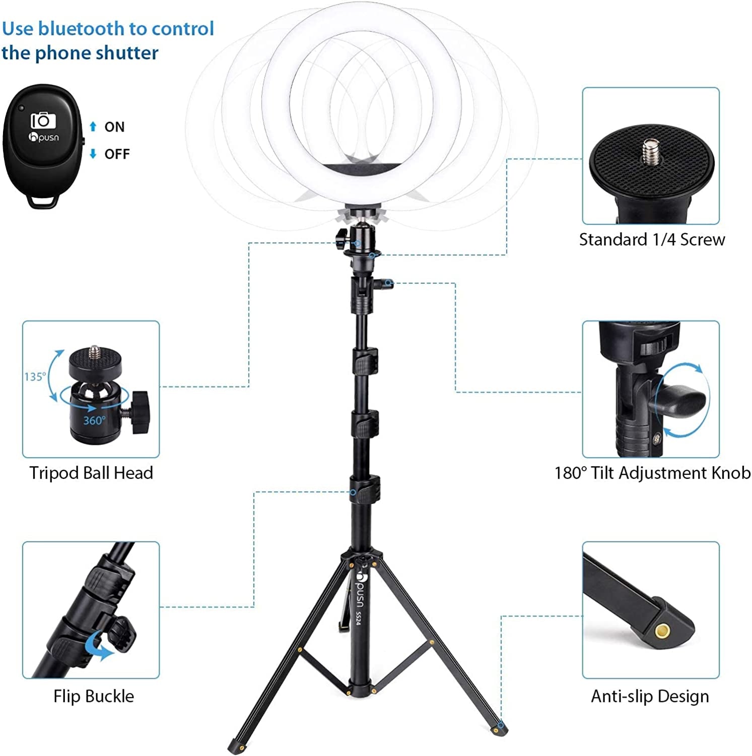 HPUSN Ring Light Tripod:Selfie Ring Light Phone Holder with Dimmable Led Ring Light for Youtube/Live Stream/Makeup/Vlog/Tiktok Compatible with Smartphone  HPUSN   